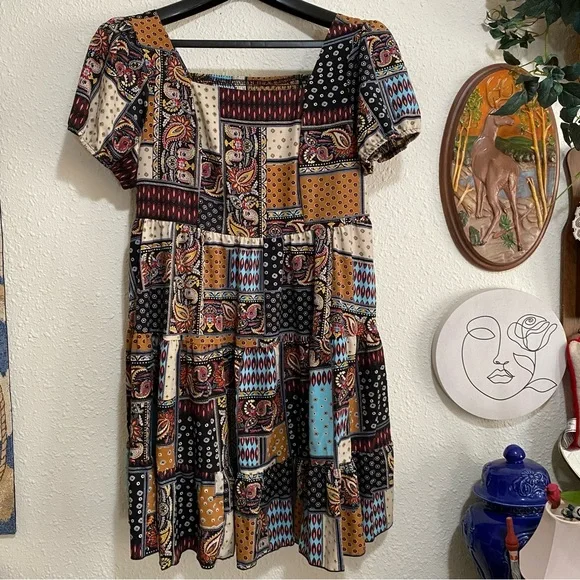 Women’s SHEIN curve breezaya XL Patchwork Print Dress grunge square neck - Picture 2 of 7